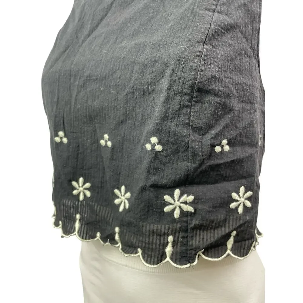 Free People Kayla Black Floral Embroidered Sleeveless Tie Blouse Top Size S